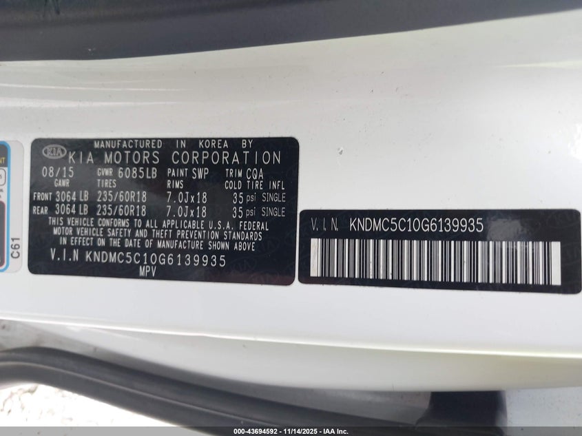 2016 Kia Sedona Sx VIN: KNDMC5C10G6139935 Lot: 43694592