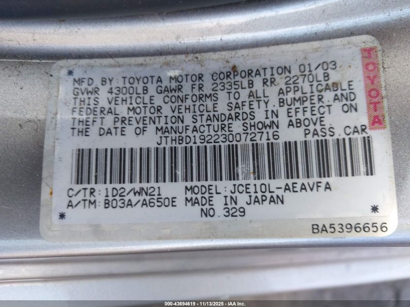 2003 Lexus Is 300 VIN: JTHBD192230072716 Lot: 43694619