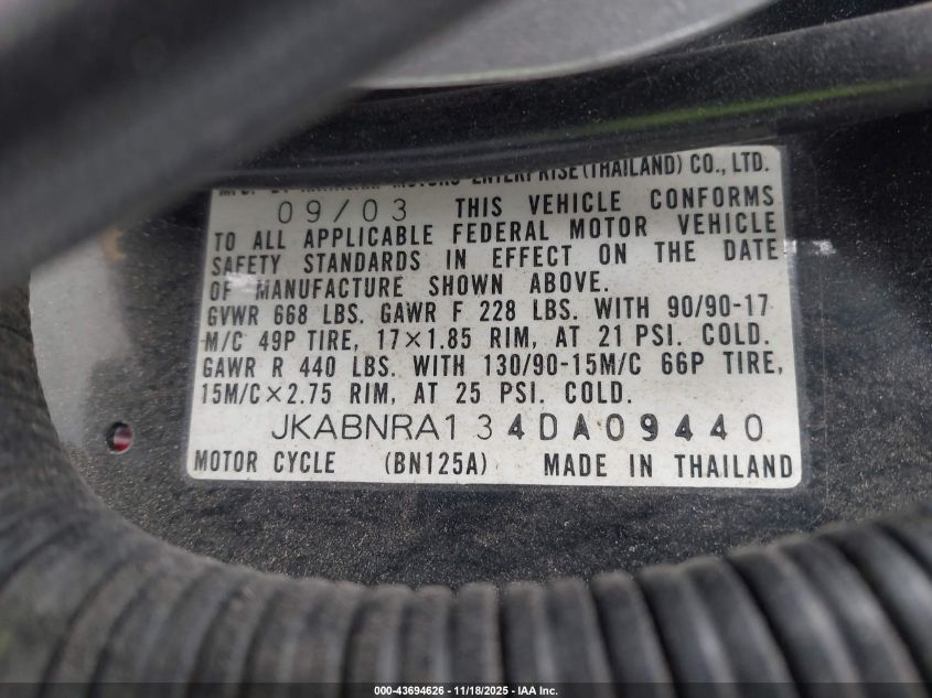 2004 Kawasaki Bn125 A VIN: JKABNRA134DA09440 Lot: 43694626