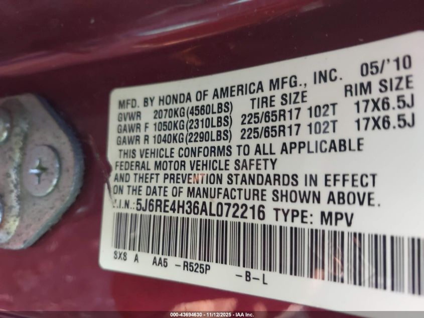 2010 Honda Cr-V Lx VIN: 5J6RE4H36AL072216 Lot: 43694630