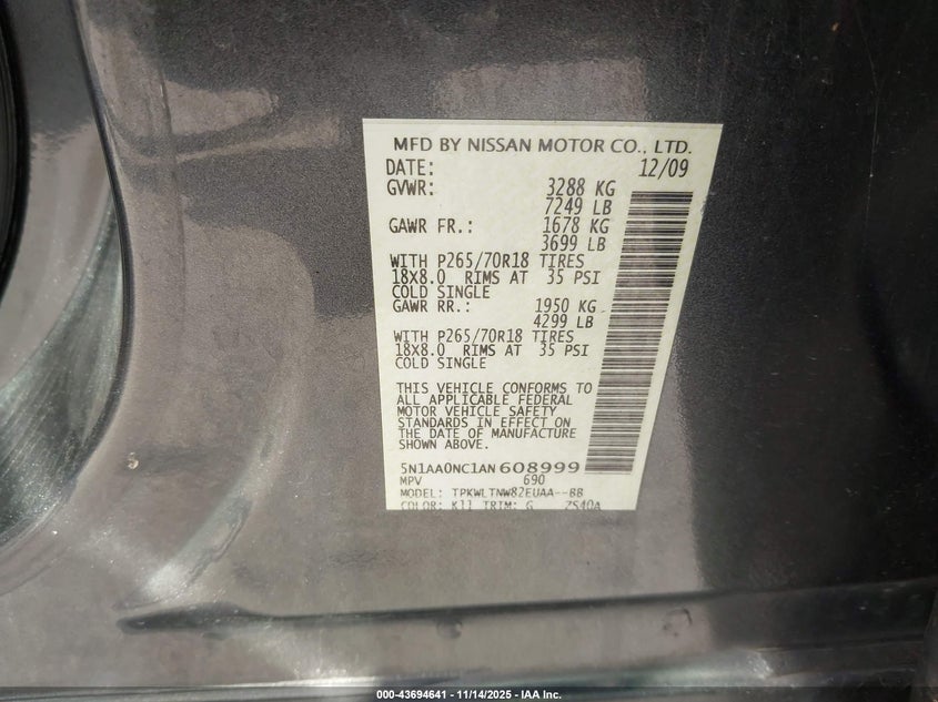 5N1AA0NC1AN608999 2010 NISSAN ARMADA photo no. 9