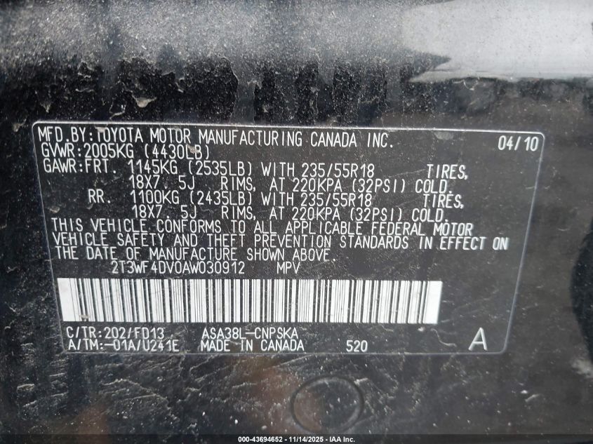 2010 Toyota Rav4 Sport VIN: 2T3WF4DV0AW030912 Lot: 43694652