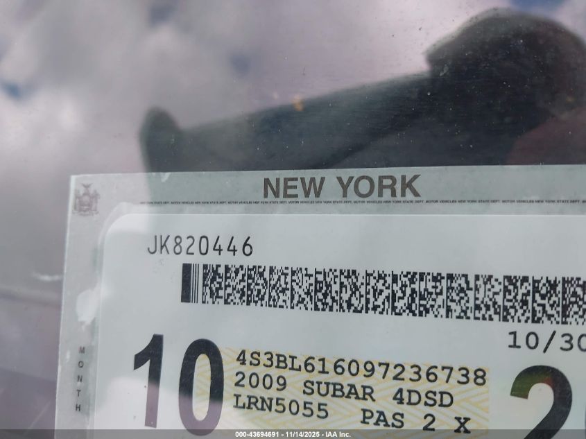 2009 Subaru Legacy 2.5I VIN: 4S3BL616097236738 Lot: 43694691