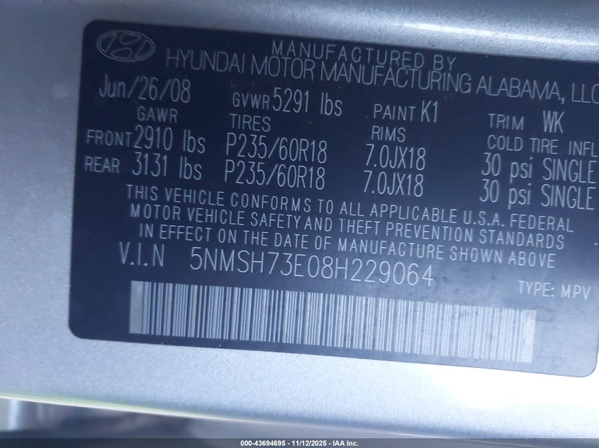 5NMSH73E08H229064 2008 HYUNDAI SANTA FE photo no. 9
