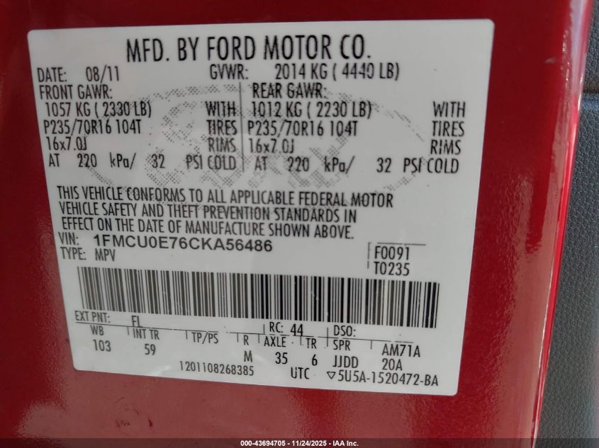 2012 Ford Escape Limited VIN: 1FMCU0E76CKA56486 Lot: 43694705