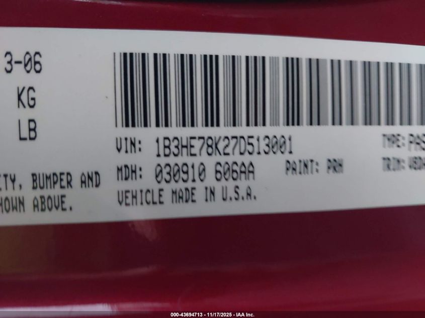 2007 Dodge Caliber R/T VIN: 1B3HE78K27D513001 Lot: 43694713