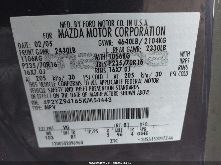 2005 Mazda Tribute S VIN: 4F2YZ94165KM54443 Lot: 43694728