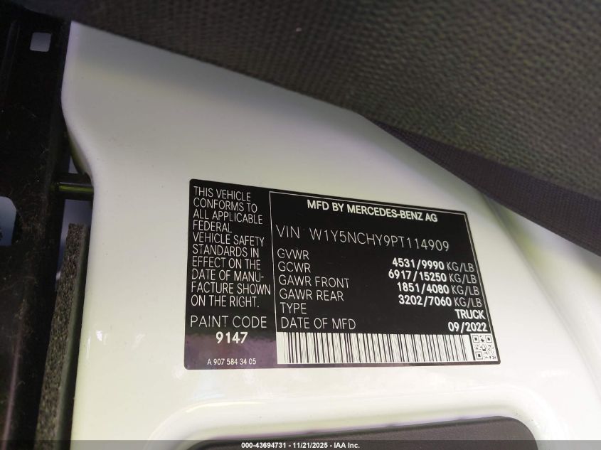 2023 Mercedes-Benz Sprinter 3500 High Roof 4-Cyl Diesel Ho VIN: W1Y5NCHY9PT114909 Lot: 43694731