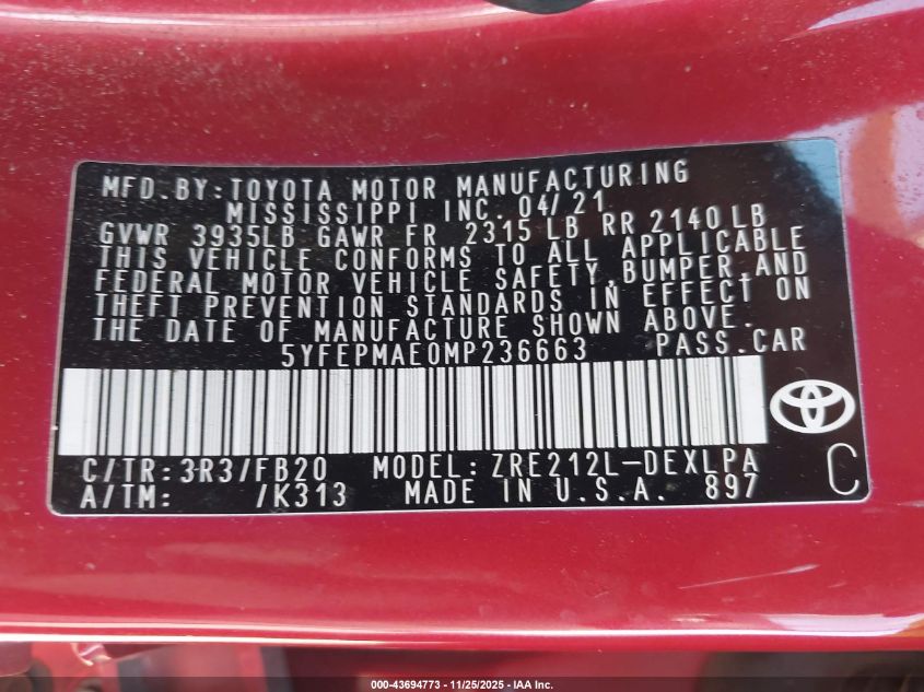 2021 Toyota Corolla Le VIN: 5YFEPMAE0MP236663 Lot: 43694773