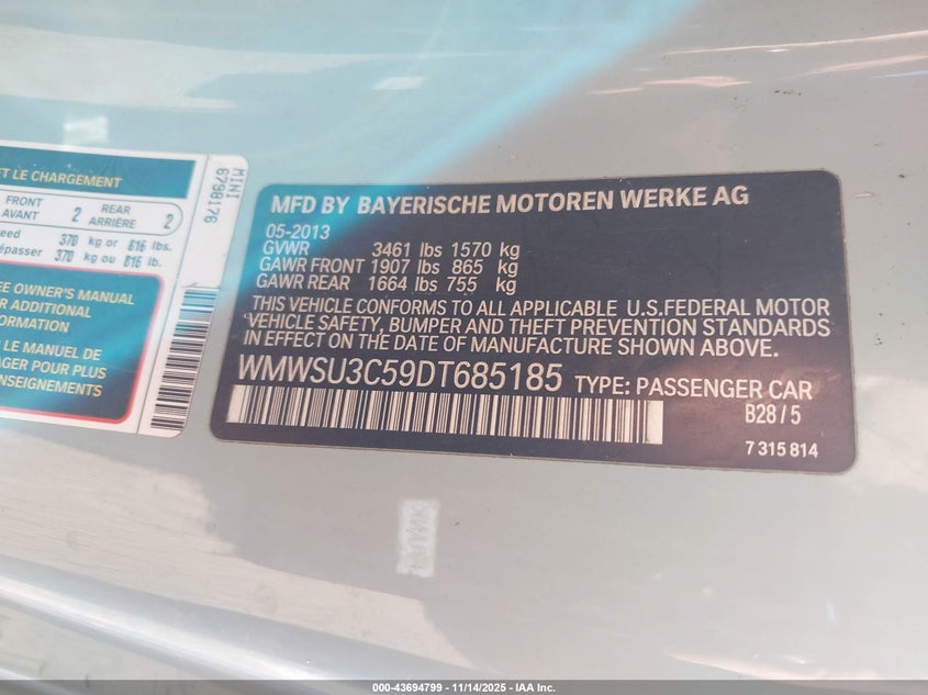 2013 Mini Hardtop Cooper VIN: WMWSU3C59DT685185 Lot: 43694799