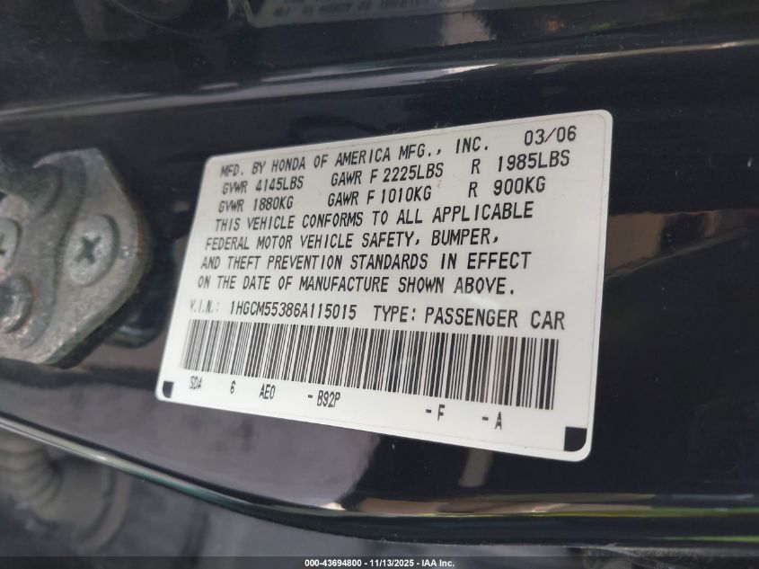 2006 Honda Accord 2.4 Se VIN: 1HGCM55386A115015 Lot: 43694800