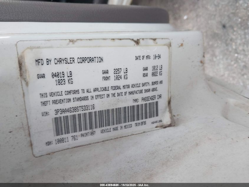 1995 Plymouth Acclaim VIN: 3P3AA4638ST533116 Lot: 43694826