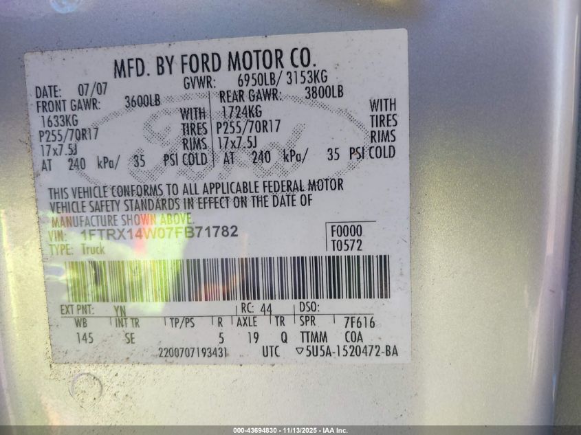2007 Ford F-150 Fx4/Stx/Xl/Xlt VIN: 1FTRX14W07FB71782 Lot: 43694830