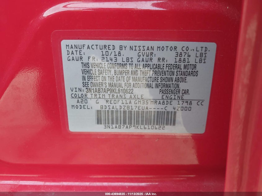 2019 NISSAN SENTRA SV 3N1AB7AP9KL610622