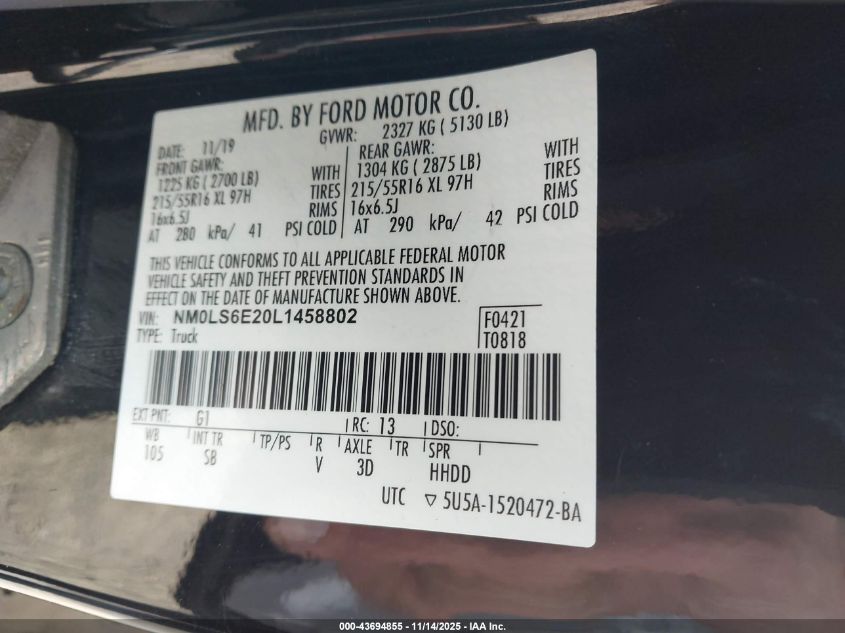 2020 Ford Transit Connect Xl VIN: NM0LS6E20L1458802 Lot: 43694855