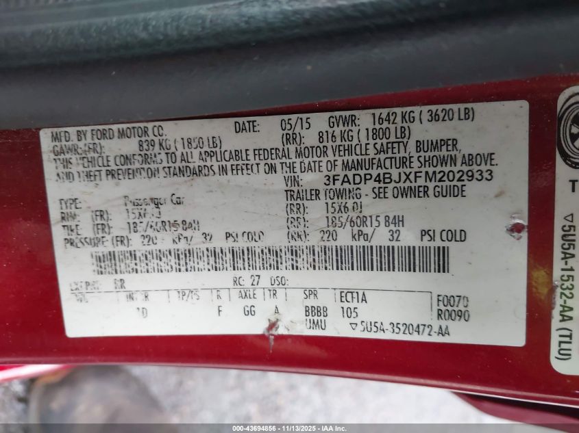 2015 Ford Fiesta Se VIN: 3FADP4BJXFM202933 Lot: 43694856