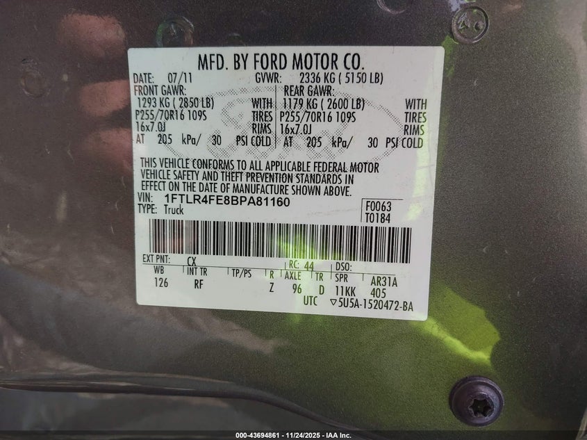 2011 Ford Ranger Xlt VIN: 1FTLR4FE8BPA81160 Lot: 43694861