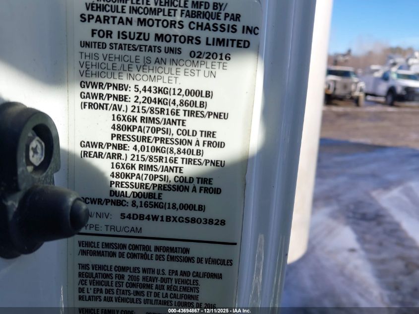 2016 Isuzu Npr Gas Reg VIN: 54DB4W1BXGS803828 Lot: 43694867