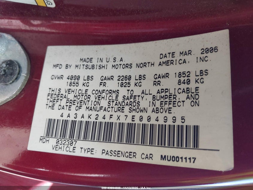 2007 Mitsubishi Eclipse Gs VIN: 4A3AK24FX7E004995 Lot: 43694889