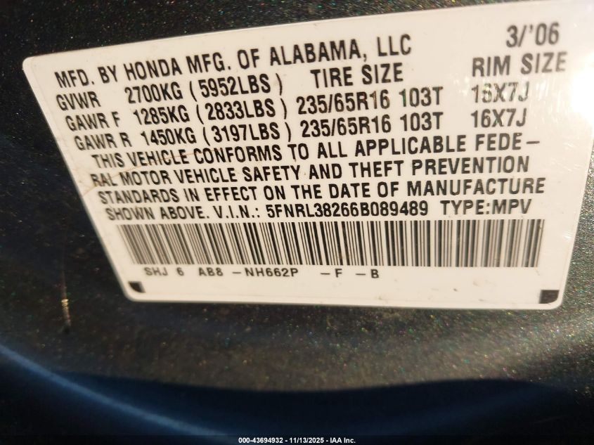 2006 Honda Odyssey Lx VIN: 5FNRL38266B089489 Lot: 43694932