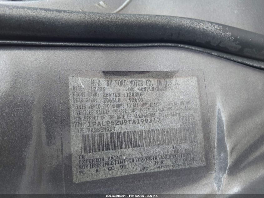 1996 Ford Taurus Gl VIN: 1FALP52U9TA199317 Lot: 43694961