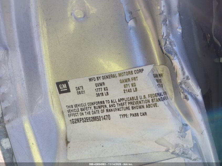 2002 Pontiac Grand Am Se1 VIN: 1G2NF52E62M501470 Lot: 43694963