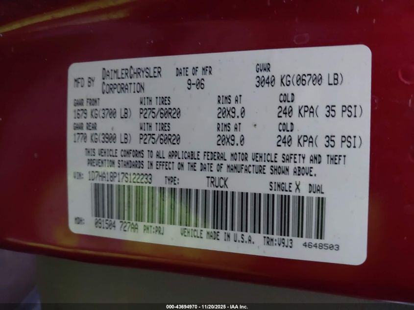 2007 Dodge Ram 1500 Slt VIN: 1D7HA18P17S122233 Lot: 43694970
