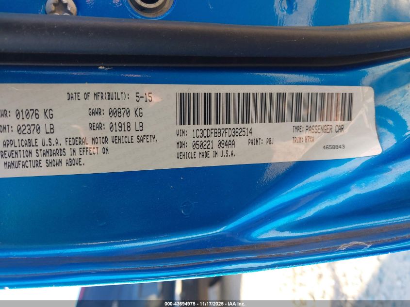 2015 Dodge Dart Sxt VIN: 1C3CDFBB7FD362514 Lot: 43694975