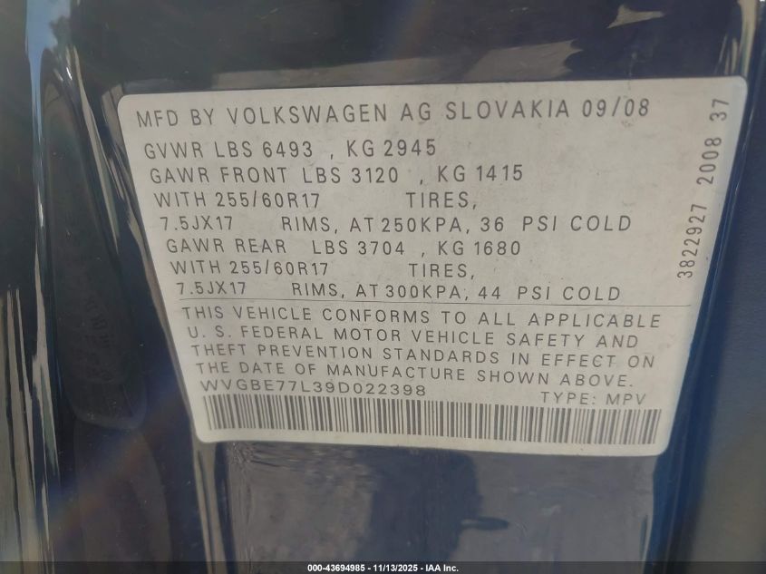 2009 Volkswagen Touareg 2 Vr6 Fsi VIN: WVGBE77L39D022398 Lot: 43694985