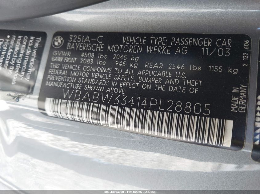 2004 BMW 325Ci VIN: WBABW33414PL28805 Lot: 43694990