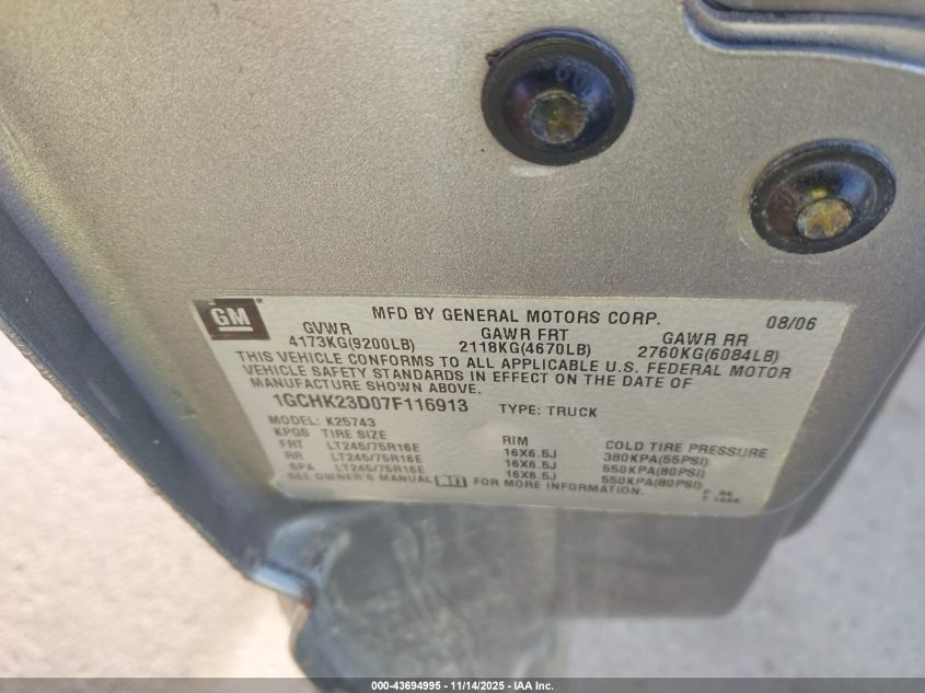 2007 Chevrolet Silverado 2500Hd Classic Lt1 VIN: 1GCHK23D07F116913 Lot: 43694995