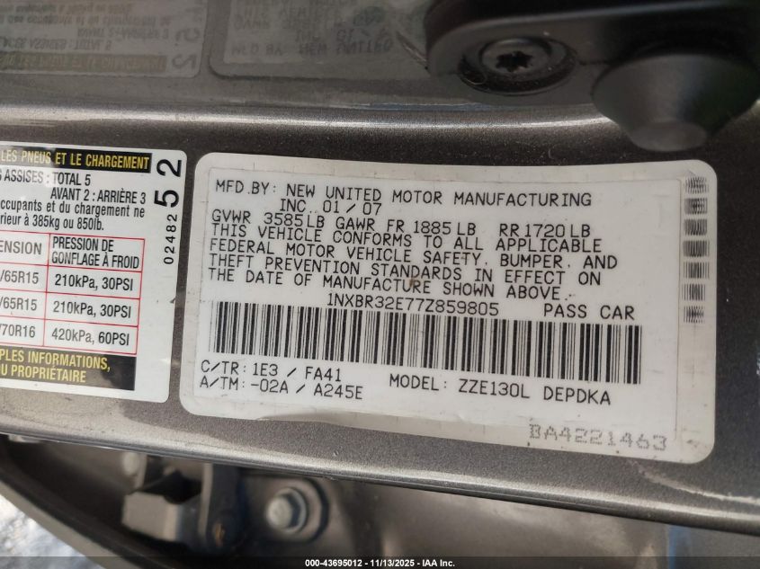 2007 Toyota Corolla Ce VIN: 1NXBR32E77Z859805 Lot: 43695012