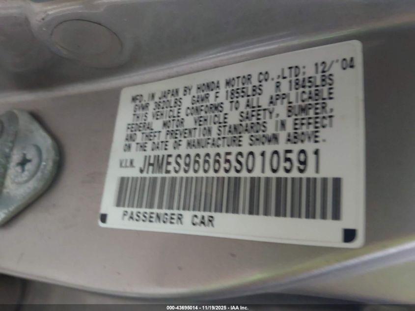 2005 Honda Civic Hybrid VIN: JHMES96665S010591 Lot: 43695014