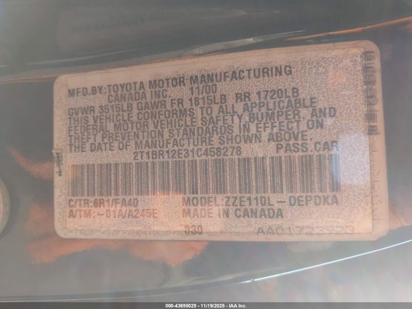 2001 Toyota Corolla Le VIN: 2T1BR12E31C458278 Lot: 43695029
