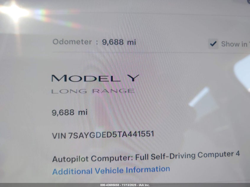 2026 Tesla Model Y Long Range Dual Motor All-Wheel Drive VIN: 7SAYGDED5TA441551 Lot: 43695058