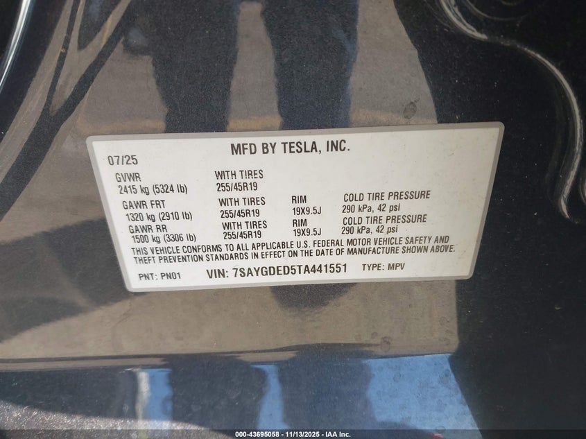 2026 Tesla Model Y Long Range Dual Motor All-Wheel Drive VIN: 7SAYGDED5TA441551 Lot: 43695058