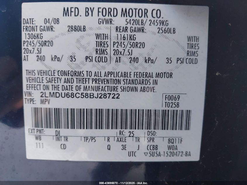 2008 Lincoln Mkx VIN: 2LMDU68C58BJ28722 Lot: 43695070