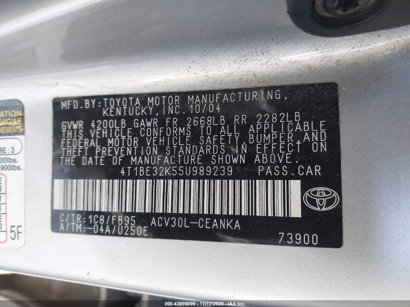 2005 Toyota Camry Le VIN: 4T1BE32K55U989239 Lot: 43695099