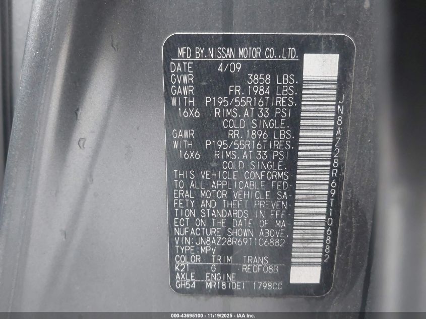 2009 Nissan Cube 1.8Sl VIN: JN8AZ28R69T106882 Lot: 43695100