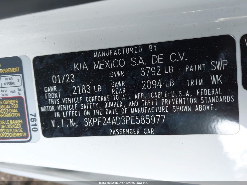 2023 Kia Forte Lxs VIN: 3KPF24AD3PE585977 Lot: 43695106