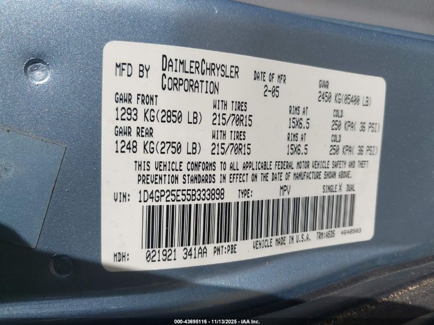 2005 Dodge Caravan Se VIN: 1D4GP25E55B333898 Lot: 43695116