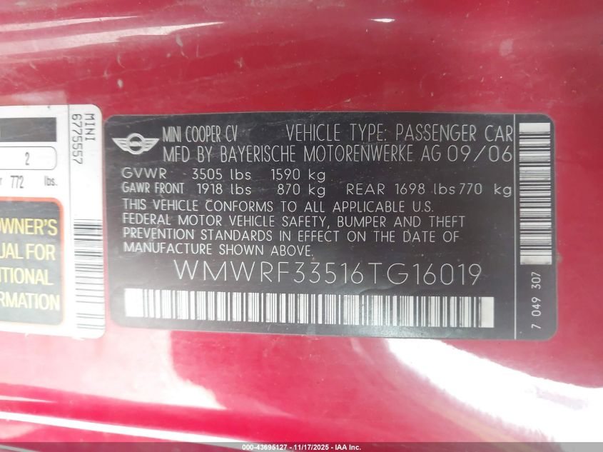 2006 Mini Cooper VIN: WMWRF33516TG16019 Lot: 43695127