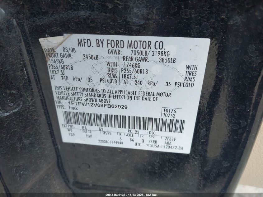 2008 Ford F-150 Lariat VIN: 1FTPW12V68FB62929 Lot: 43695136