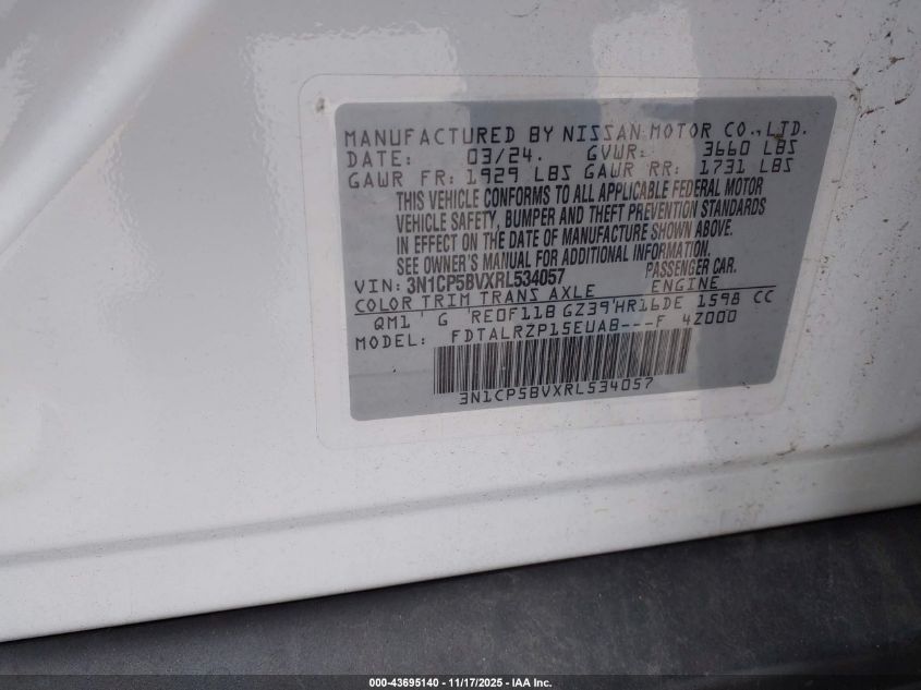 2024 Nissan Kicks S Xtronic Cvt VIN: 3N1CP5BVXRL534057 Lot: 43695140