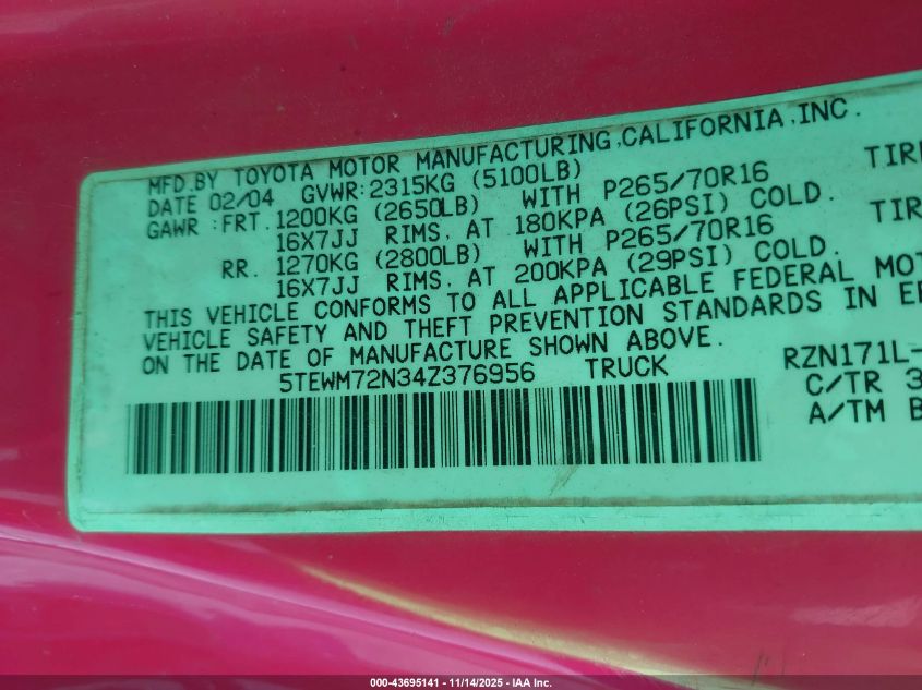2004 Toyota Tacoma VIN: 5TEWM72N34Z376956 Lot: 43695141
