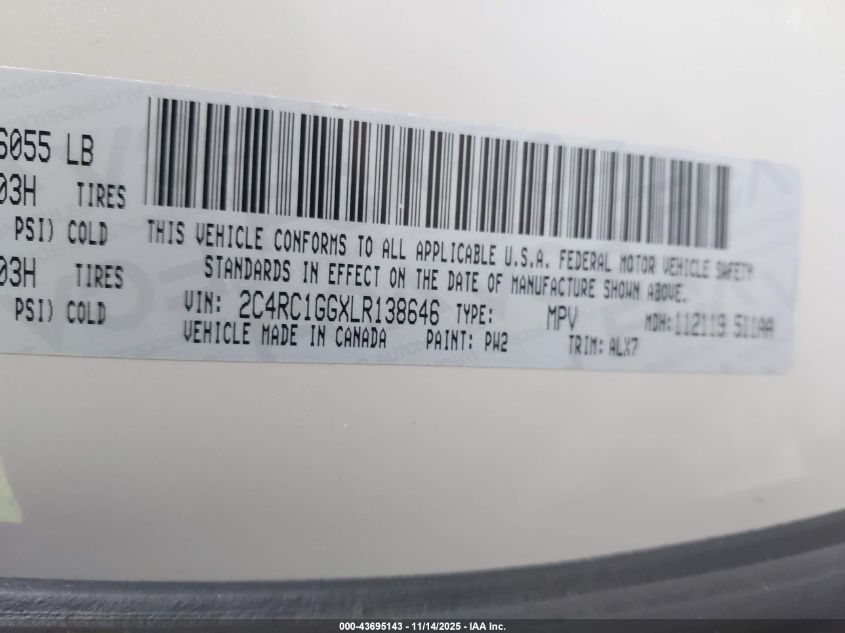 2020 Chrysler Pacifica Limited VIN: 2C4RC1GGXLR138646 Lot: 43695143