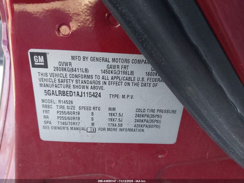 2010 Buick Enclave 1Xl VIN: 5GALRBED1AJ115424 Lot: 43695147