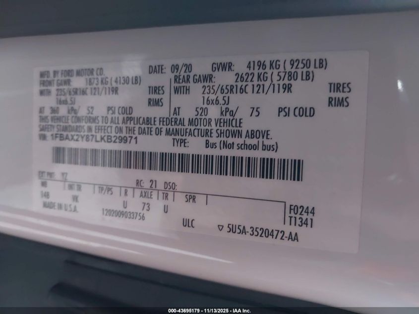 2020 Ford Transit-350 Passenger Van Xl VIN: 1FBAX2Y87LKB29971 Lot: 43695179