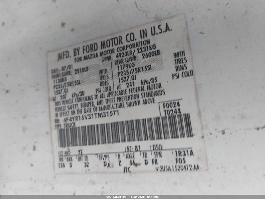 2001 Mazda B3000 Ds/Se VIN: 4F4YR16V31TM31571 Lot: 43695192