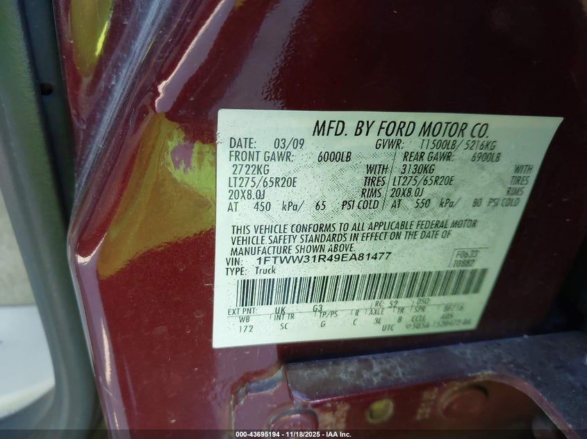 2009 Ford F-350 Fx4/Harley-Davidson/King Ranch/Lariat/Xl/Xlt VIN: 1FTWW31R49EA81477 Lot: 43695194